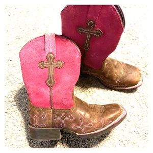 Brown & pink w/ cross. Worn in but cute!